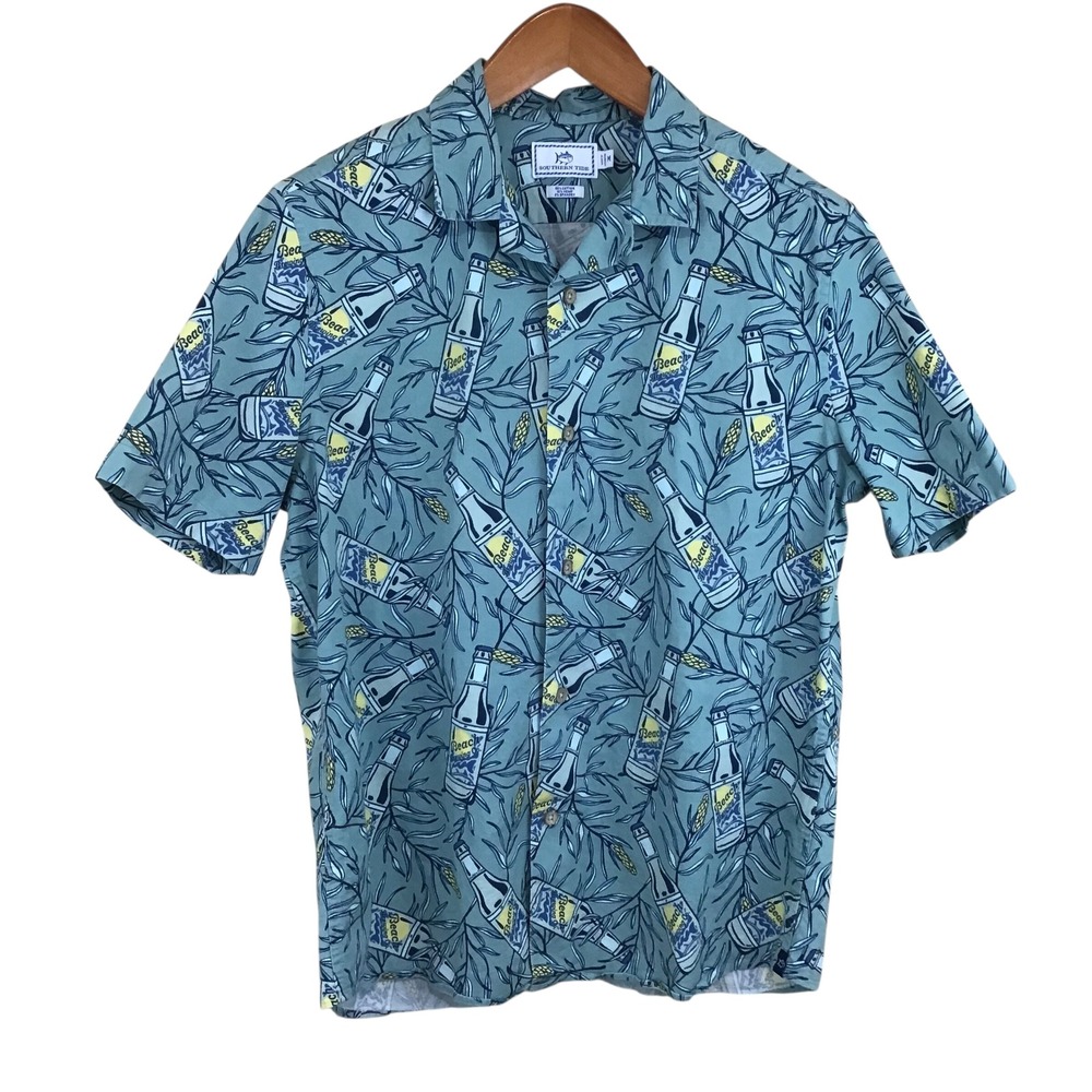 Southern Tide Mens Medium Blue Beer Bottle Print Hemp Blend Short Sleeve Shirt